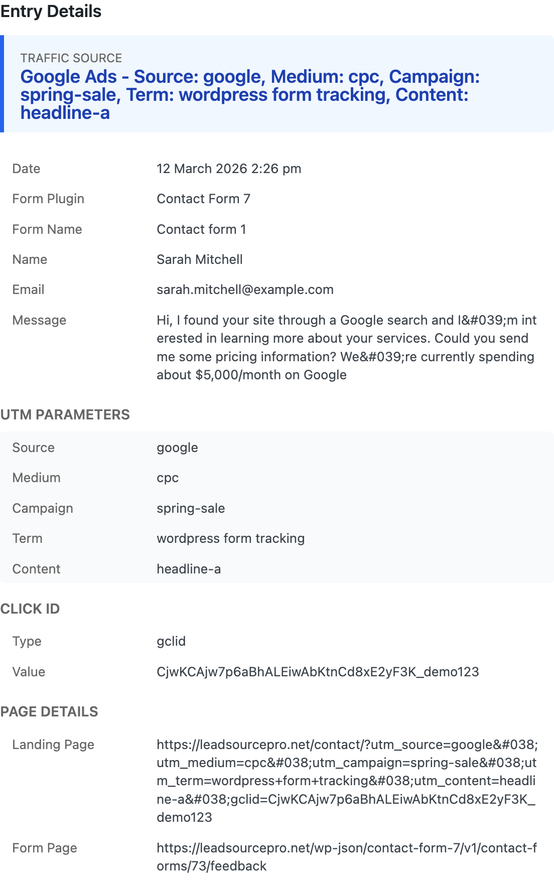 LeadSourcePro entry details showing traffic source identified as Google Ads with UTM parameters, gclid click ID, landing page URL, and form submission data
