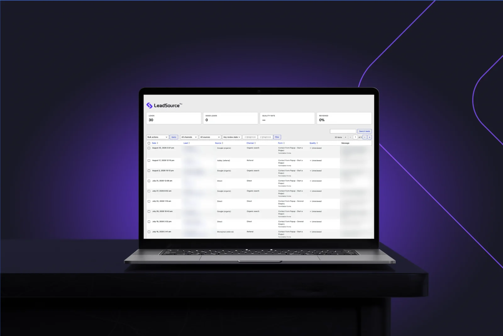 The Lead Source dashboard listing leads with colour-coded source badges
